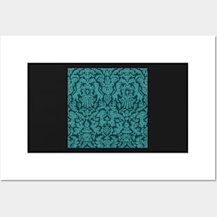 Aqua Teal on Ocean Blue Green Weird Medieval Lions, Cherubs, and Skulls Scrollwork Damask Posters and Art